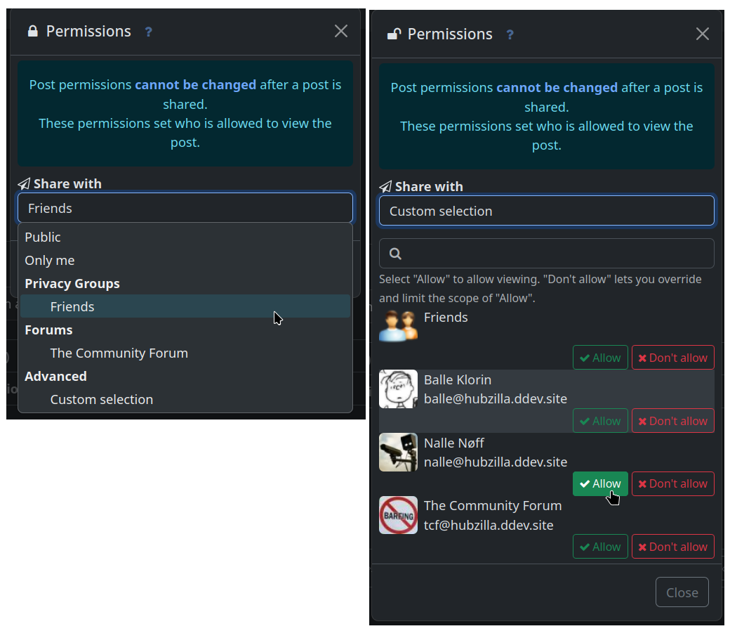 Two views of the permissions dialogue. To the left: Selecing a single privacy group or forum as recipients for the post. To the right: Using the 'Custom selection' view to gain fine grained control over the recipients. Two views of the permissions dialogue. To the left: Selecing a single privacy group or forum as recipients for the post. To the right: Using the 'Custom selection' view to gain fine grained control over the recipients.